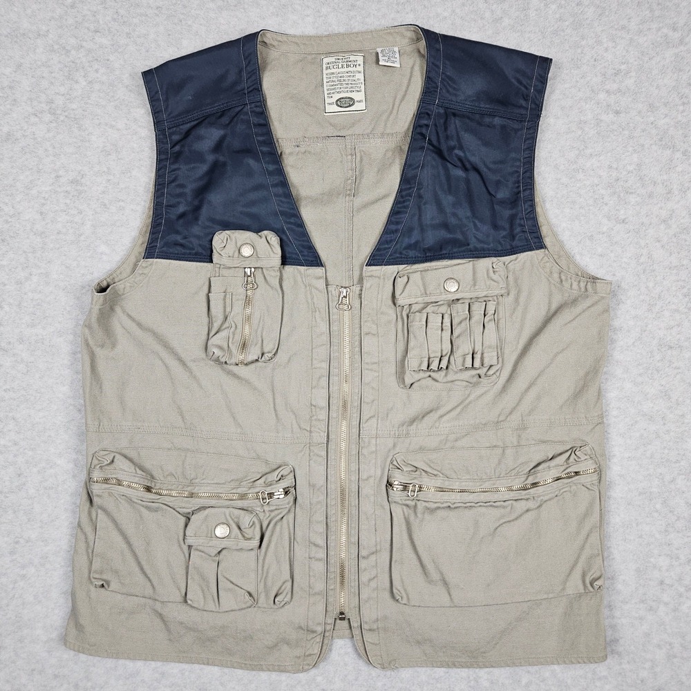 Vintage Bugle Boy (Men's XL) Navy Tan Utility Zip Vest Gorpcore Tactical Fishing